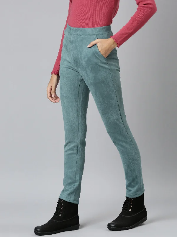 women-solid-ocean-green-mid-rise-suede-treggings