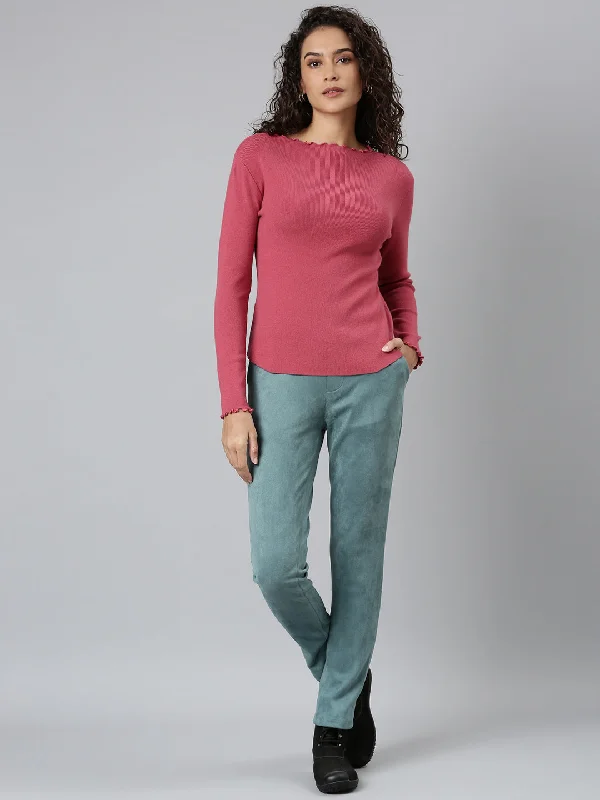 women-solid-ocean-green-mid-rise-suede-treggings