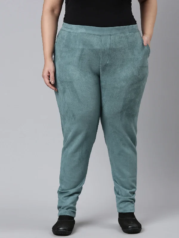 women-solid-ocean-green-mid-rise-suede-treggings