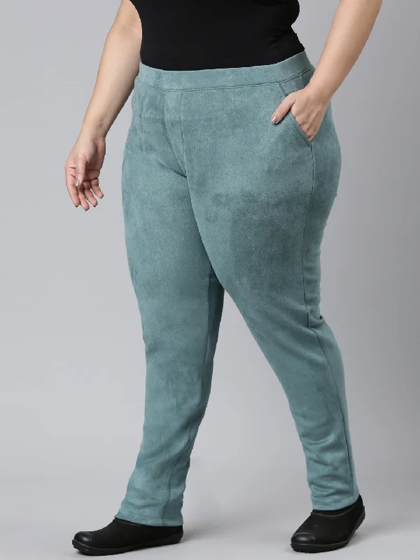 women-solid-ocean-green-mid-rise-suede-treggings