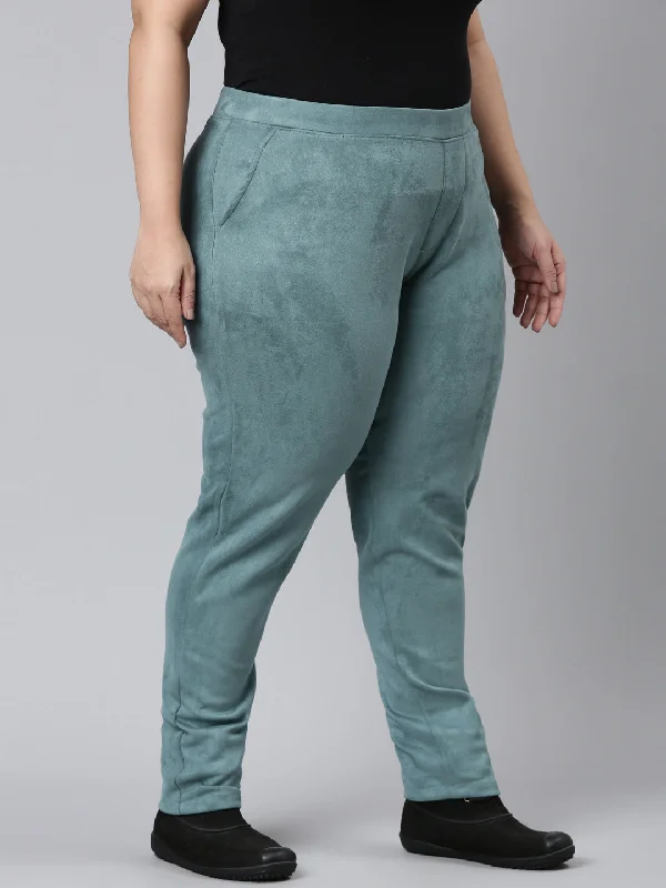 women-solid-ocean-green-mid-rise-suede-treggings