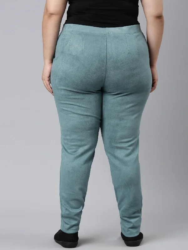 women-solid-ocean-green-mid-rise-suede-treggings