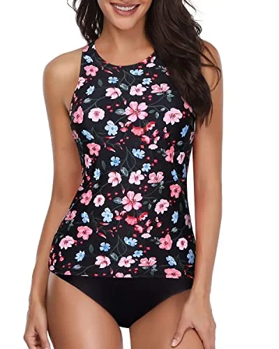 Backless Halter Tankini Bathing Suits With Shorts-Black And Pink Floral