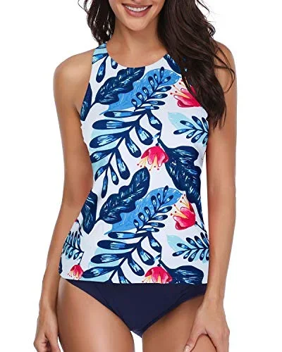 High Neck Halter Scoop Back Tankini With Shorts-White And Blue Floral